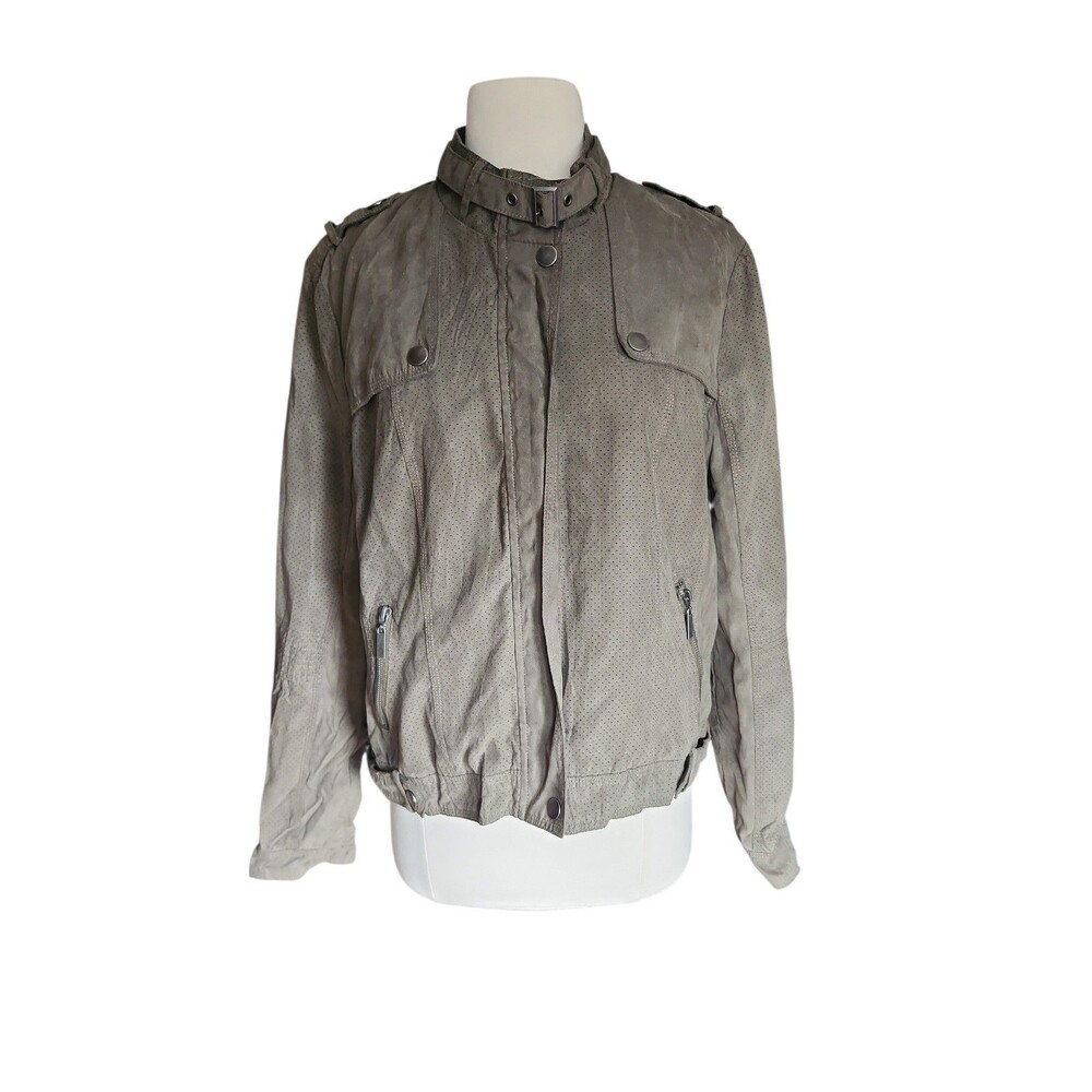 Inked & Faded Faux Suede Biker Jacket Womens L Olive Moto Lightweight Fall Edgy